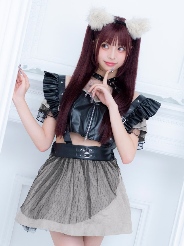 コスプレ オオカミ 4点セット メイド ウルフ レザー フロントジップ リング付き へそ出し (トップス/サスペンダースカート/カチューシャ/しっぽ)【ハロウィン】[tk-hw916468]のイメージ画像5