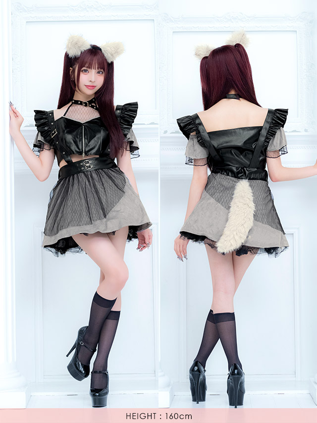 コスプレ オオカミ 4点セット メイド ウルフ レザー フロントジップ リング付き へそ出し (トップス/サスペンダースカート/カチューシャ/しっぽ)【ハロウィン】[tk-hw916468]のフロントバック全身