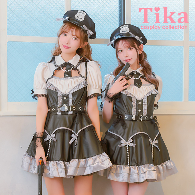 コスプレ ポリス 5点set レザー パール リボン ガーリー 制服 警察官 (ワンピース/ネクタイ/ベルト/帽子/カフス)【ハロウィン】[tk-hw918424]のメイン画像