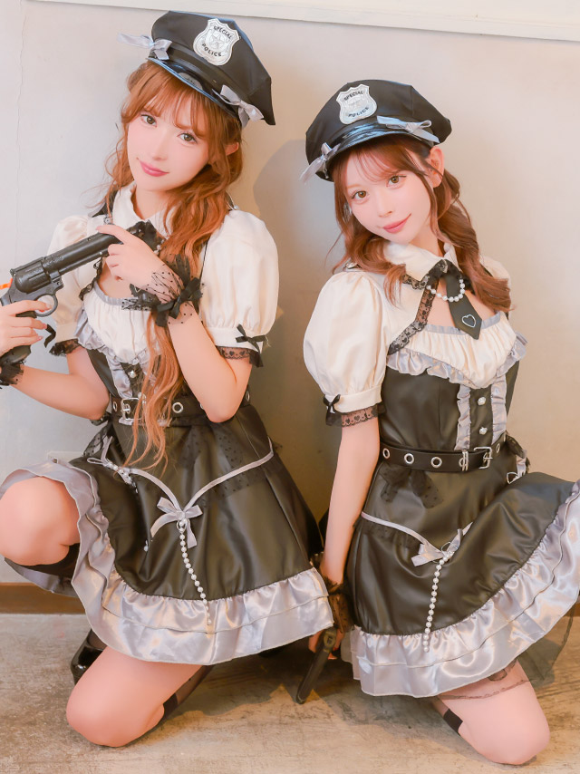 コスプレ ポリス 5点set レザー パール リボン ガーリー 制服 警察官 (ワンピース/ネクタイ/ベルト/帽子/カフス)【ハロウィン】[tk-hw918424]のイメージ画像1
