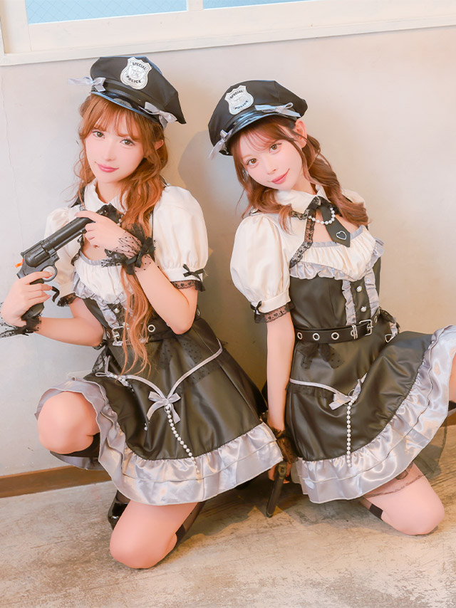 コスプレ ポリス 5点set レザー パール リボン ガーリー 制服 警察官 (ワンピース/ネクタイ/ベルト/帽子/カフス)【ハロウィン】[tk-hw918424]のイメージ画像2
