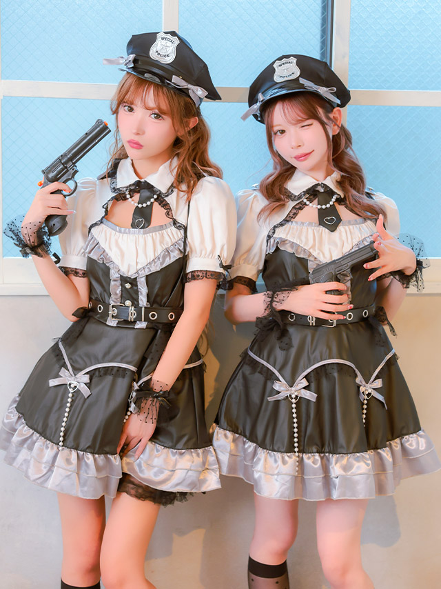 コスプレ ポリス 5点set レザー パール リボン ガーリー 制服 警察官 (ワンピース/ネクタイ/ベルト/帽子/カフス)【ハロウィン】[tk-hw918424]のイメージ画像3