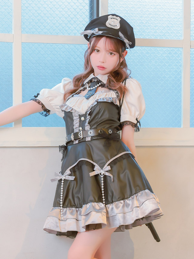 コスプレ ポリス 5点set レザー パール リボン ガーリー 制服 警察官 (ワンピース/ネクタイ/ベルト/帽子/カフス)【ハロウィン】[tk-hw918424]のイメージ画像1