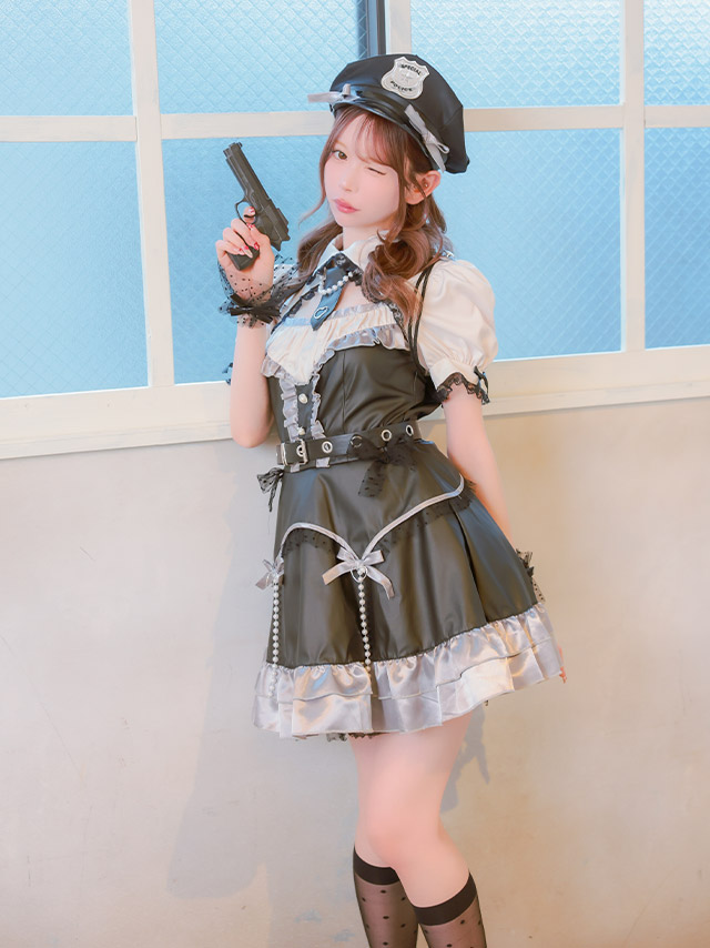 コスプレ ポリス 5点set レザー パール リボン ガーリー 制服 警察官 (ワンピース/ネクタイ/ベルト/帽子/カフス)【ハロウィン】[tk-hw918424a]のイメージ画像2