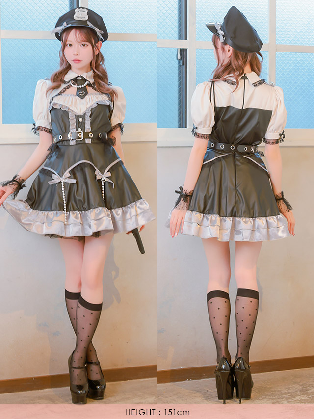 コスプレ ポリス 5点set レザー パール リボン ガーリー 制服 警察官 (ワンピース/ネクタイ/ベルト/帽子/カフス)【ハロウィン】[tk-hw918424a]のフロントバック全身