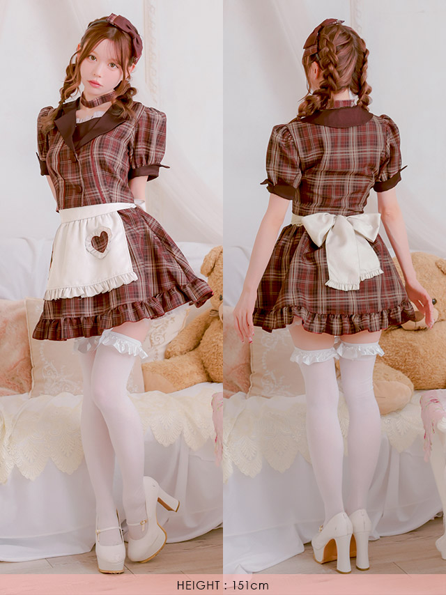 コスプレ 制服 5点set ダイナー レトロデザイン 体型カバーフレアスカート ウェイトレス (付け襟/ワンピース/エプロン/サンバイザー/カフス)【ハロウィン】[tk-hw918875]のフロントバック全身