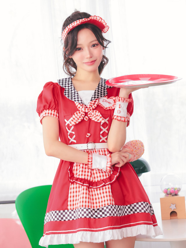 コスプレ 制服 4点set ダイナー アメリカン 体型カバー フレアスカート ウェイトレス (ワンピース/ベルト/サンバイザー/カフス)【ハロウィン】[tk-hw918851]のイメージ画像3