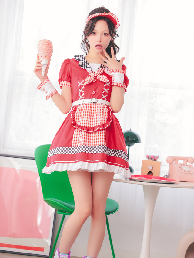 コスプレ 制服 4点set ダイナー アメリカン 体型カバー フレアスカート ウェイトレス (ワンピース/ベルト/サンバイザー/カフス)【ハロウィン】[tk-hw918851]のイメージ画像4