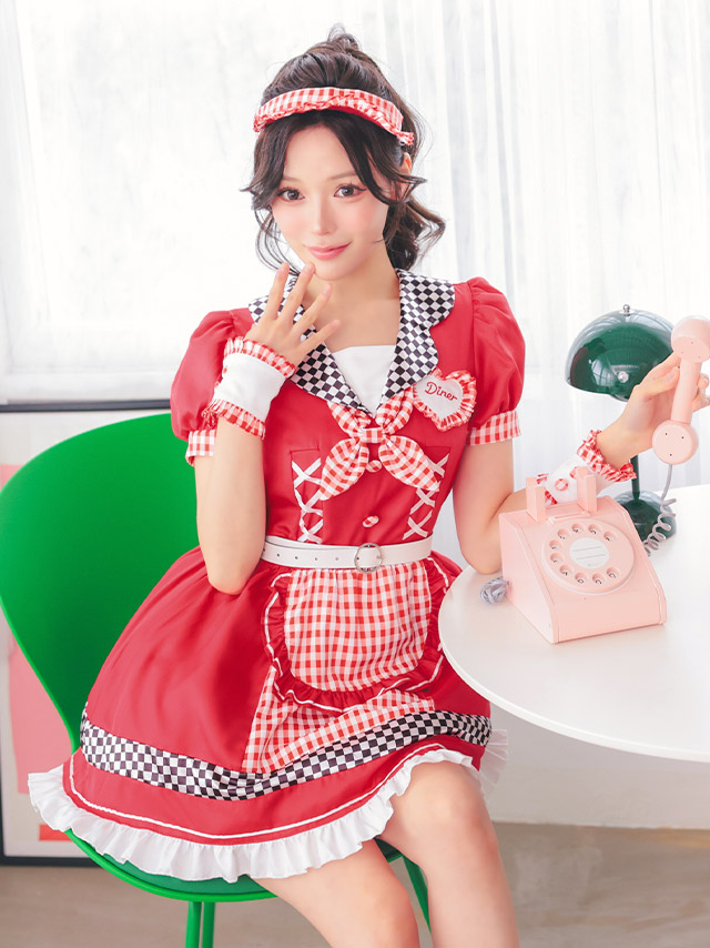 コスプレ 制服 4点set ダイナー アメリカン 体型カバー フレアスカート ウェイトレス (ワンピース/ベルト/サンバイザー/カフス)【ハロウィン】[tk-hw918851]のイメージ画像5