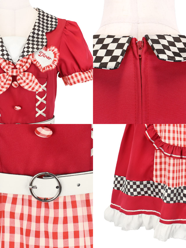 コスプレ 制服 4点set ダイナー アメリカン 体型カバー フレアスカート ウェイトレス (ワンピース/ベルト/サンバイザー/カフス)【ハロウィン】[tk-hw918851]の詳細アップ