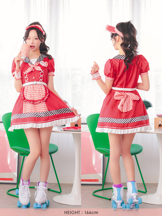 コスプレ 制服 4点set ダイナー アメリカン 体型カバー フレアスカート ウェイトレス (ワンピース/ベルト/サンバイザー/カフス)【ハロウィン】[tk-hw918851]のフロントバック全身