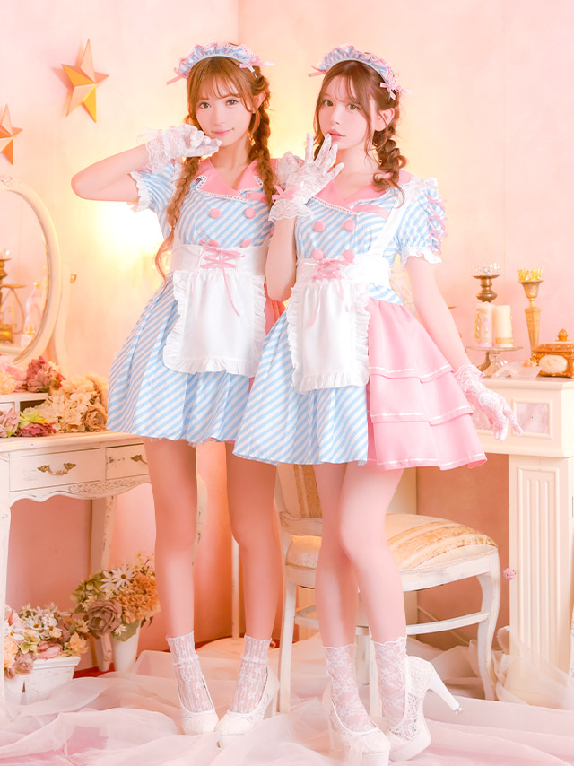コスプレ 制服 4点set ダイナー メイド ストライプ 体型カバー フレアスカート ポップ ガーリー ウェイトレス (ワンピース/エプロン/カチューシャ/グローブ)【ハロウィン】[tk-hw918868]のイメージ画像2