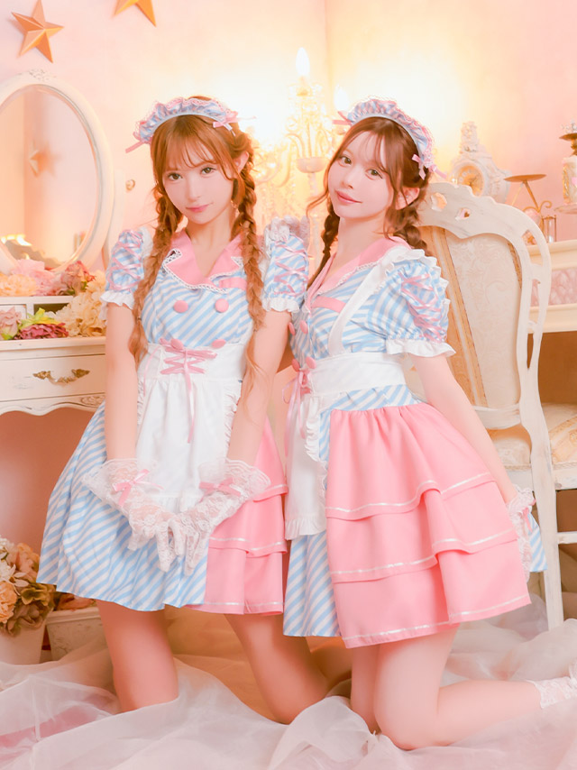コスプレ 制服 4点set ダイナー メイド ストライプ 体型カバー フレアスカート ポップ ガーリー ウェイトレス (ワンピース/エプロン/カチューシャ/グローブ)【ハロウィン】[tk-hw918868]のイメージ画像3