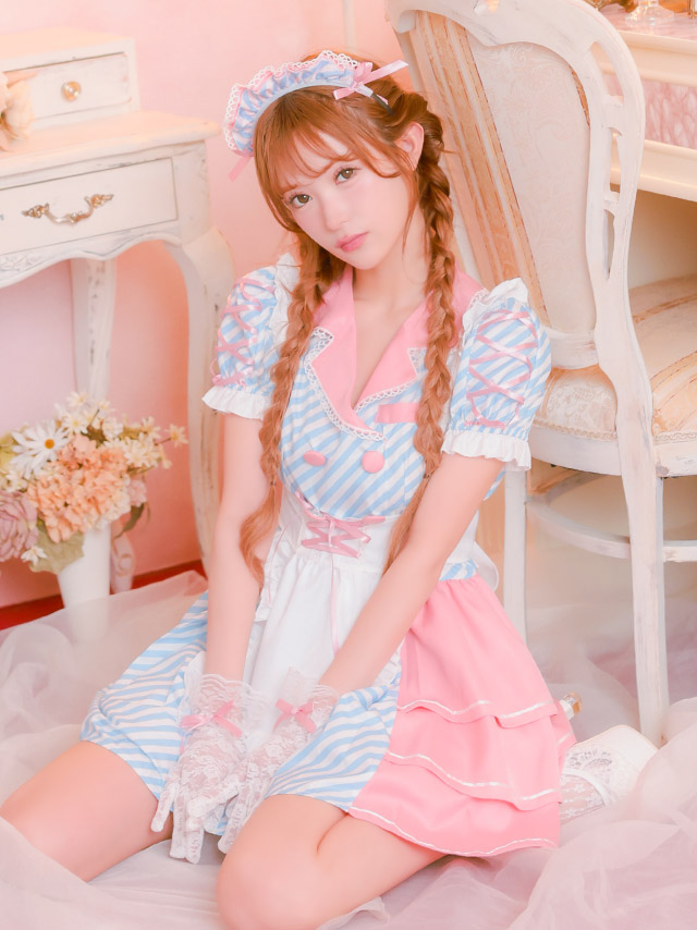 コスプレ 制服 4点set ダイナー メイド ストライプ 体型カバー フレアスカート ポップ ガーリー ウェイトレス (ワンピース/エプロン/カチューシャ/グローブ)【ハロウィン】[tk-hw918868]のイメージ画像4