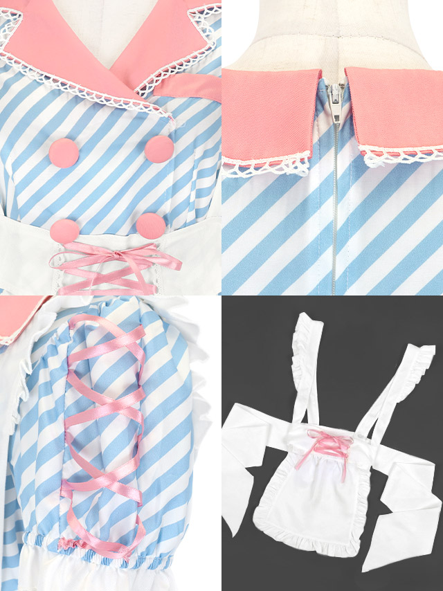 コスプレ 制服 4点set ダイナー メイド ストライプ 体型カバー フレアスカート ポップ ガーリー ウェイトレス (ワンピース/エプロン/カチューシャ/グローブ)【ハロウィン】[tk-hw918868]の詳細アップ