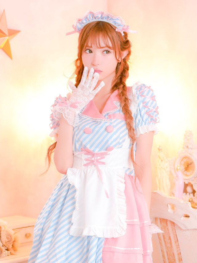 コスプレ 制服 4点set ダイナー メイド ストライプ 体型カバー フレアスカート ポップ ガーリー ウェイトレス (ワンピース/エプロン/カチューシャ/グローブ)【ハロウィン】[tk-hw918868a]のイメージ画像1