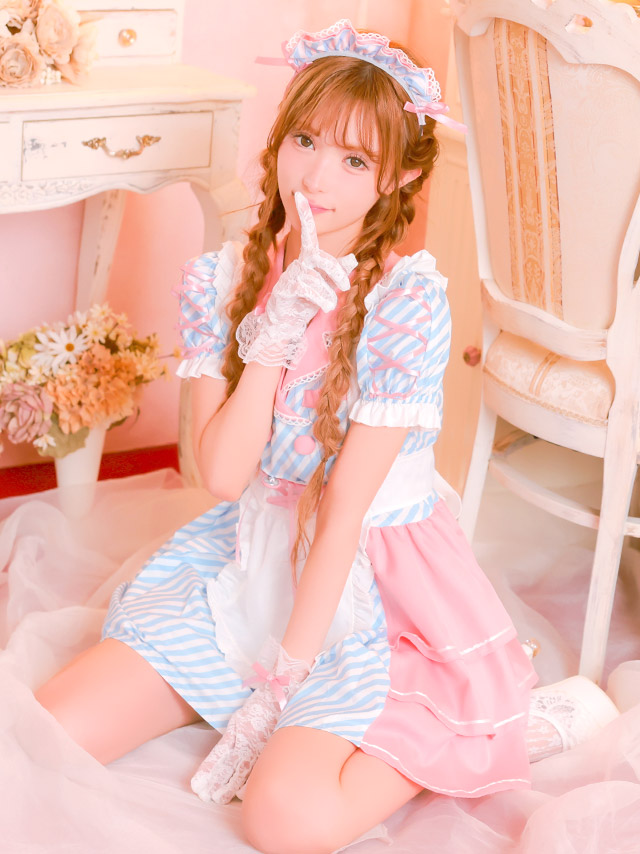 コスプレ 制服 4点set ダイナー メイド ストライプ 体型カバー フレアスカート ポップ ガーリー ウェイトレス (ワンピース/エプロン/カチューシャ/グローブ)【ハロウィン】[tk-hw918868a]のイメージ画像3