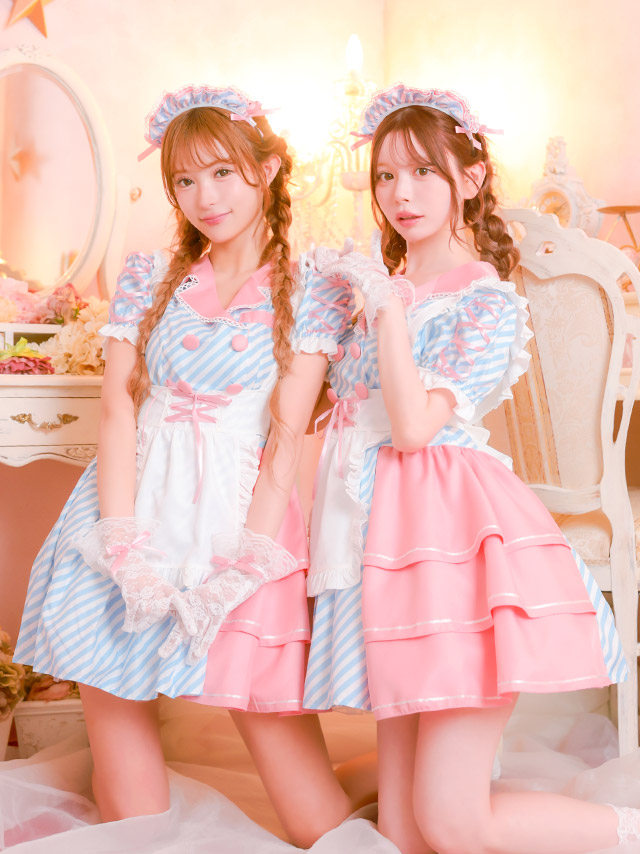 コスプレ 制服 4点set ダイナー メイド ストライプ 体型カバー フレアスカート ポップ ガーリー ウェイトレス (ワンピース/エプロン/カチューシャ/グローブ)【ハロウィン】[tk-hw918868a]のイメージ画像4