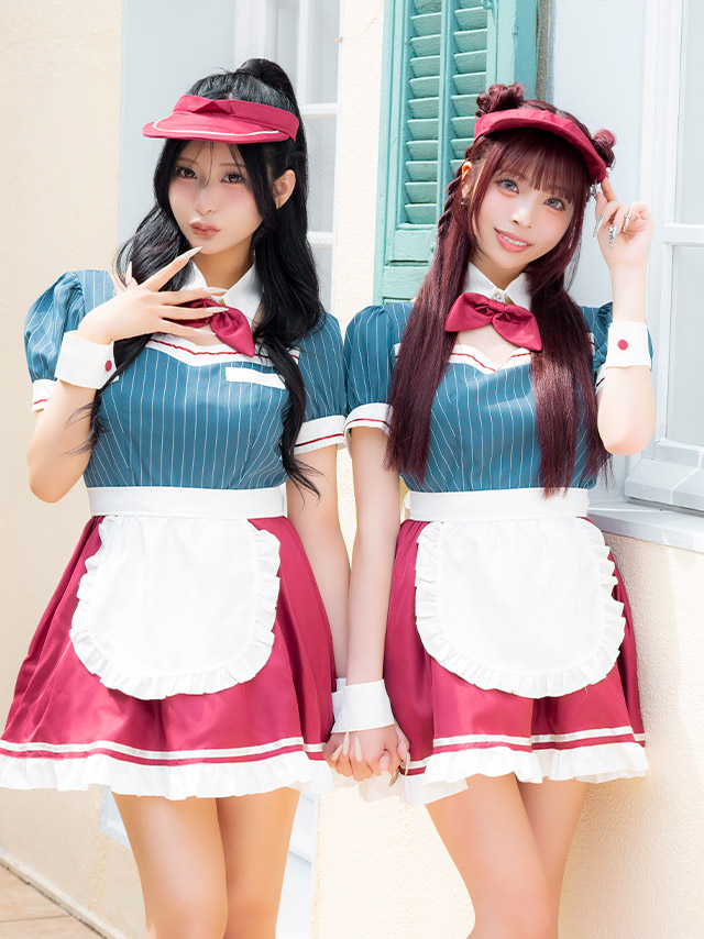 コスプレ 制服 5点set ダイナー レトロデザイン 体型カバーフレアスカート ウェイトレス (付け襟/ワンピース/エプロン/サンバイザー/カフス)【ハロウィン】[tk-hw918875]のイメージ画像3