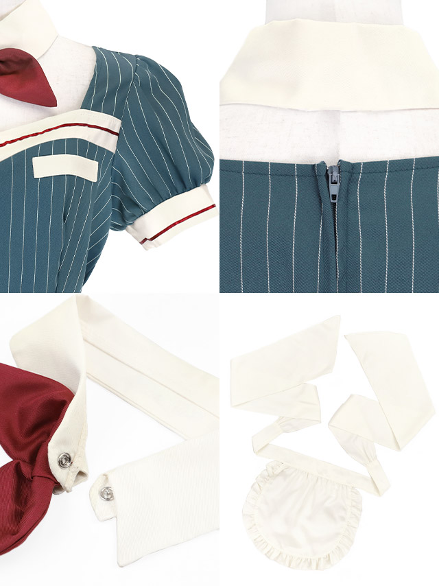 コスプレ 制服 5点set ダイナー レトロデザイン 体型カバーフレアスカート ウェイトレス (付け襟/ワンピース/エプロン/サンバイザー/カフス)【ハロウィン】[tk-hw918875]の詳細アップ