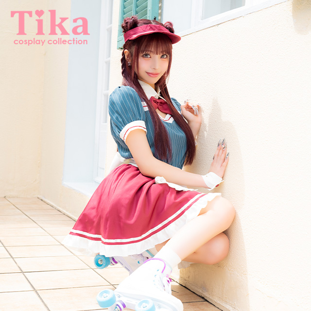 コスプレ 制服 5点set ダイナー レトロデザイン 体型カバーフレアスカート ウェイトレス (付け襟/ワンピース/エプロン/サンバイザー/カフス)【ハロウィン】[tk-hw918875a]のメイン画像