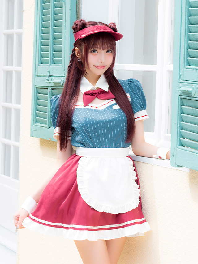 コスプレ 制服 5点set ダイナー レトロデザイン 体型カバーフレアスカート ウェイトレス (付け襟/ワンピース/エプロン/サンバイザー/カフス)【ハロウィン】[tk-hw918875a]のイメージ画像3