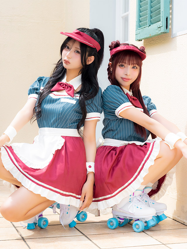 コスプレ 制服 5点set ダイナー レトロデザイン 体型カバーフレアスカート ウェイトレス (付け襟/ワンピース/エプロン/サンバイザー/カフス)【ハロウィン】[tk-hw918875a]のイメージ画像4