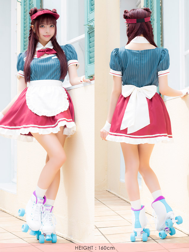 コスプレ 制服 5点set ダイナー レトロデザイン 体型カバーフレアスカート ウェイトレス (付け襟/ワンピース/エプロン/サンバイザー/カフス)【ハロウィン】[tk-hw918875]のフロントバック全身