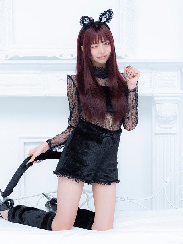 コスプレ 猫 5点set レース ふわふわファー 袖あり ハイネック アニマル [5点セット] (トップス/パンツ/カチューシャ/マスク/レッグカバー)【ハロウィン】[tk-hwbl007a]のイメージ画像2