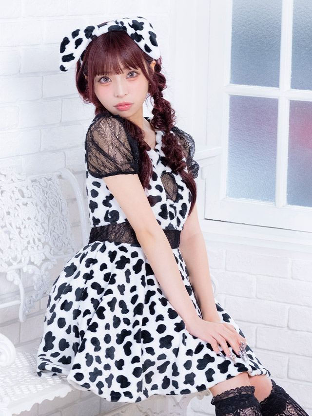 コスプレ 犬 アニマル 2点set ダルメシアン 体型カバー ブラックレース 露出少なめ (ワンピース/カチューシャ)【ハロウィン】[tk-hwblunst-0973x]のイメージ画像3