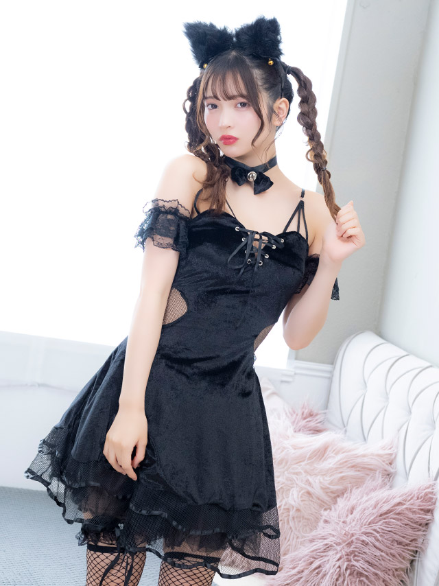 コスプレ 黒猫 5点set レースアップ ベロア アニマル (ワンピース/カチューシャ/チョーカー/ガーターベルト/リストバンド)【ハロウィン】[tk-hwcat2201]
のイメージ画像2