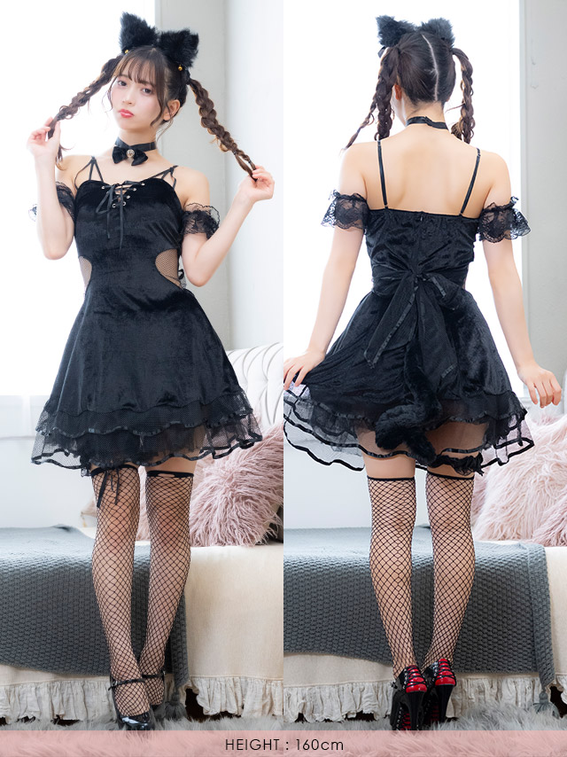 コスプレ 黒猫 5点set レースアップ ベロア アニマル (ワンピース/カチューシャ/チョーカー/ガーターベルト/リストバンド)【ハロウィン】[tk-hwcat2201]
のイメージ画像3