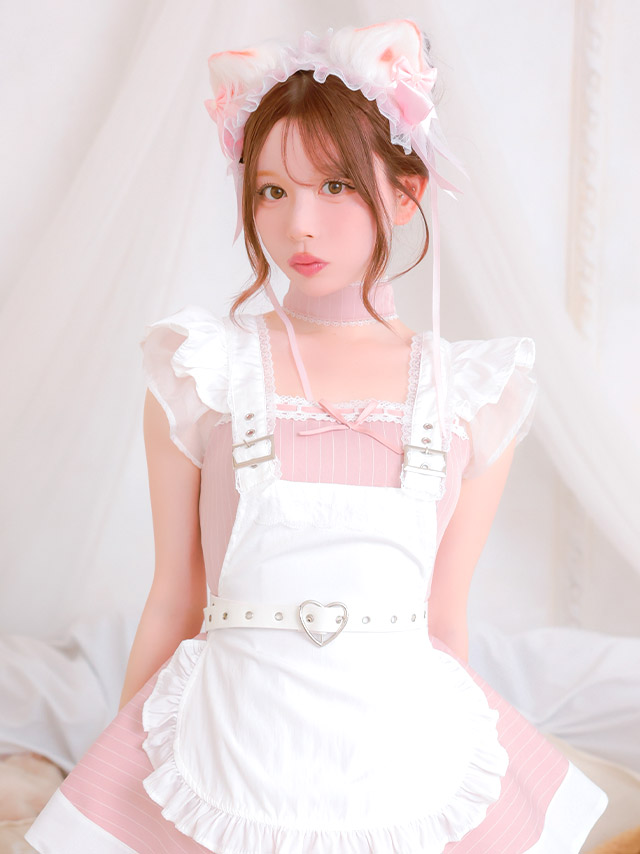 コスプレ 猫 7点set 体型カバー メイド 制服 フリル ラブリー フレアスカート ガーリー アニマル (チョーカー/ワンピース/エプロン/ベルト/しっぽ/猫耳/ヘッドドレス)【ハロウィン】[tk-hwfm004]のイメージ画像3