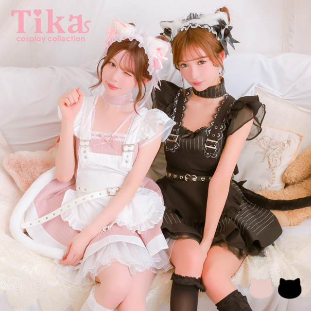 コスプレ 猫 7点set 体型カバー メイド 制服 フリル 地雷風 ラブリー フレアスカート ガーリー アニマル (チョーカー/ワンピース/エプロン/ベルト/しっぽ/猫耳/ヘッドドレス)【ハロウィン】[tk-hwfm00]のメイン画像