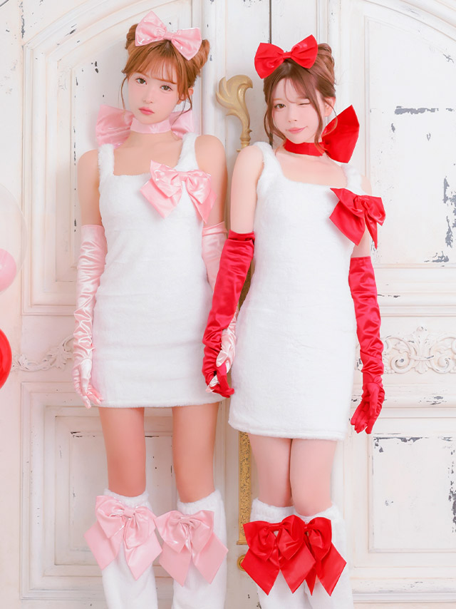 コスプレ 猫 6点set もこもこ サテンリボン ドーリー アニマル (チョーカー/ワンピース/ブローチ/ヘアピン/グローブ/レッグカバー)【ハロウィン】[tk-hwjj11123]のイメージ画像1