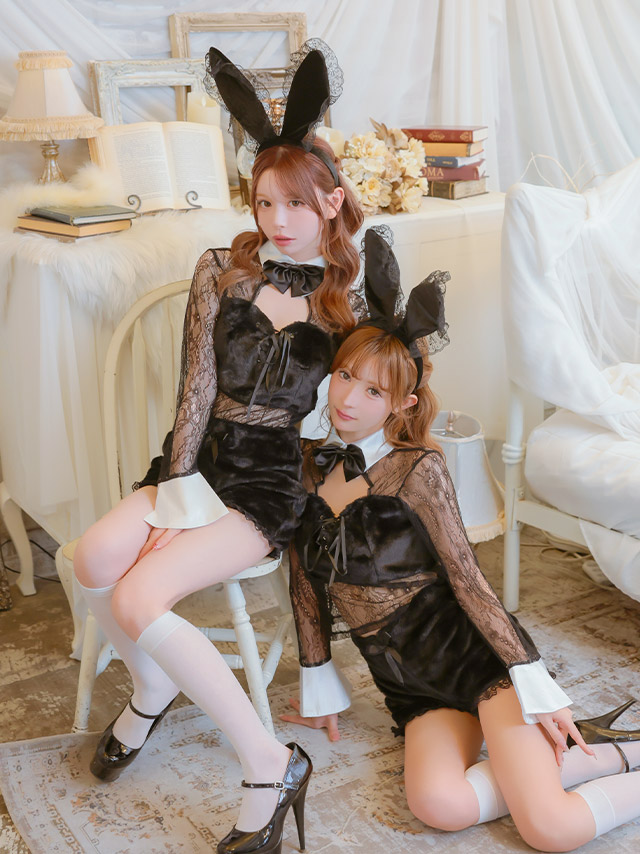 コスプレ バニーガール 4点set シアーレース もこもこ モノトーン へそ出し アニマル (トップス/パンツ/カチューシャ/しっぽ)【ハロウィン】[tk-hwjj2407a]のイメージ画像3