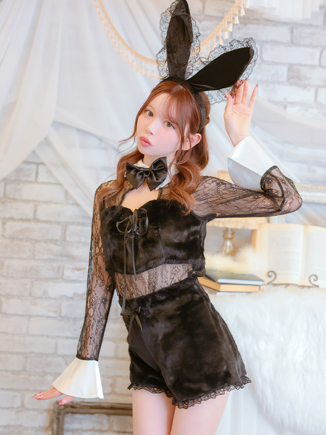 コスプレ バニーガール 4点set シアーレース もこもこ モノトーン へそ出し アニマル (トップス/パンツ/カチューシャ/しっぽ)【ハロウィン】[tk-hwjj2407a]のイメージ画像1
