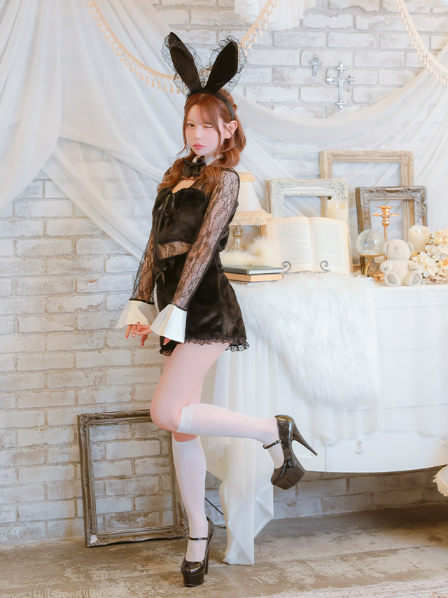コスプレ バニーガール 4点set シアーレース もこもこ モノトーン へそ出し アニマル (トップス/パンツ/カチューシャ/しっぽ)【ハロウィン】[tk-hwjj2407a]のイメージ画像2