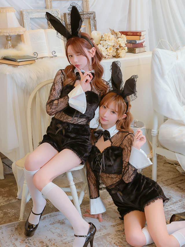 コスプレ バニーガール 4点set シアーレース もこもこ モノトーン へそ出し アニマル (トップス/パンツ/カチューシャ/しっぽ)【ハロウィン】[tk-hwjj2407a]のイメージ画像3