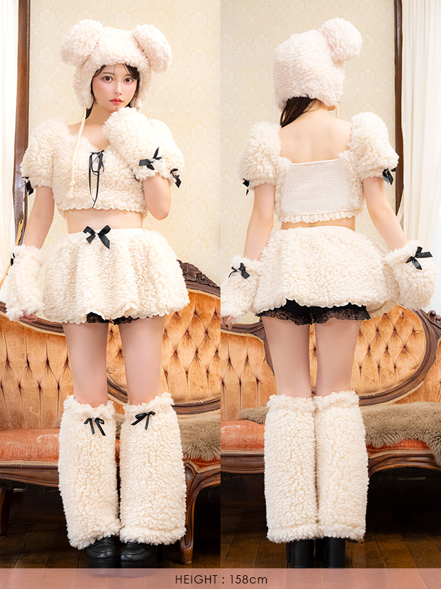 コスプレ テディベア 5点set へそ出し もこもこ リボン ガーリー アニマル (トップス/スカート/帽子/アームカバー/レッグカバー)【ハロウィン】[tk-hwjj25701]のフロントバック全身画像