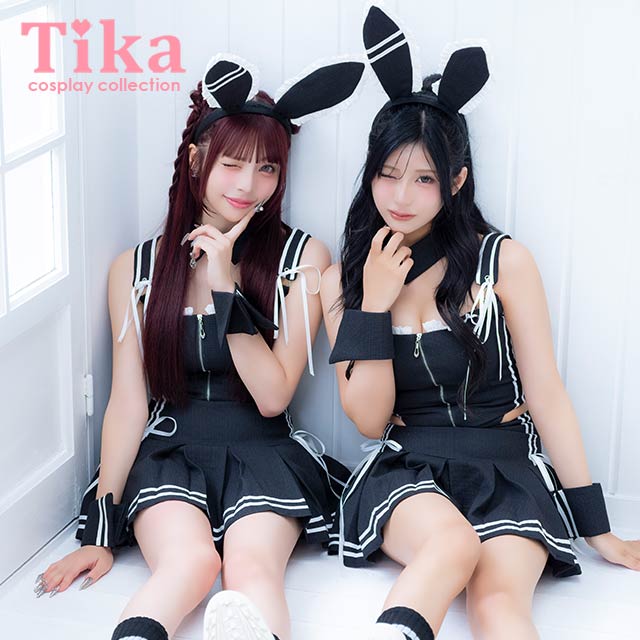 コスプレ バニー 6点set スポーティー プレッピー リボン フロントジップ プリーツ フレアスカート ガーリー アニマル (付け襟/トップス/スカート/カチューシャ/カフス/ソックス)【ハロウィン】[tk-hwjj95103]のメイン画像