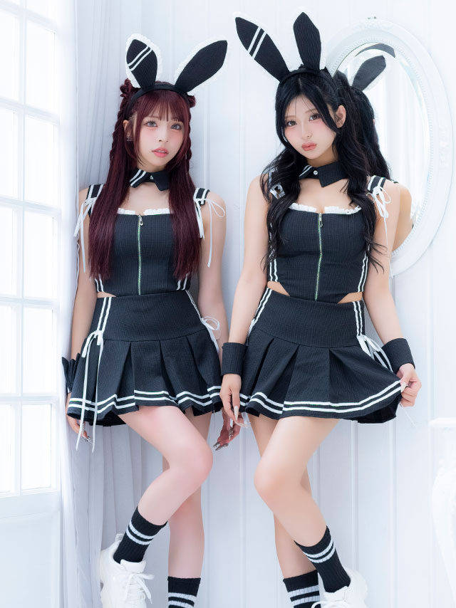 コスプレ バニー 6点set スポーティー プレッピー リボン フロントジップ プリーツ フレアスカート ガーリー アニマル (付け襟/トップス/スカート/カチューシャ/カフス/ソックス)【ハロウィン】[tk-hwjj95103]のイメージ画像2
