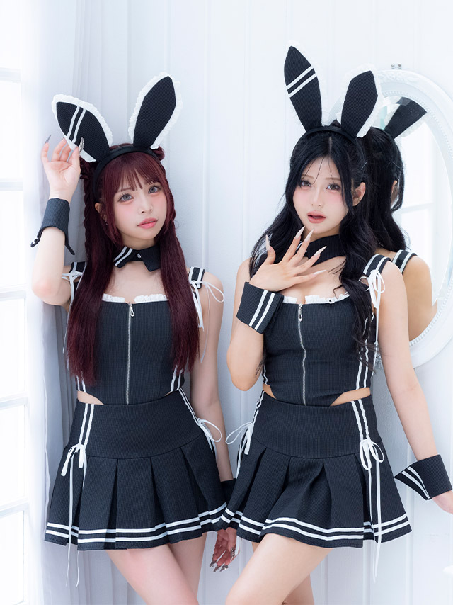 コスプレ バニー 6点set スポーティー プレッピー リボン フロントジップ プリーツ フレアスカート ガーリー アニマル (付け襟/トップス/スカート/カチューシャ/カフス/ソックス)【ハロウィン】[tk-hwjj95103]のイメージ画像3