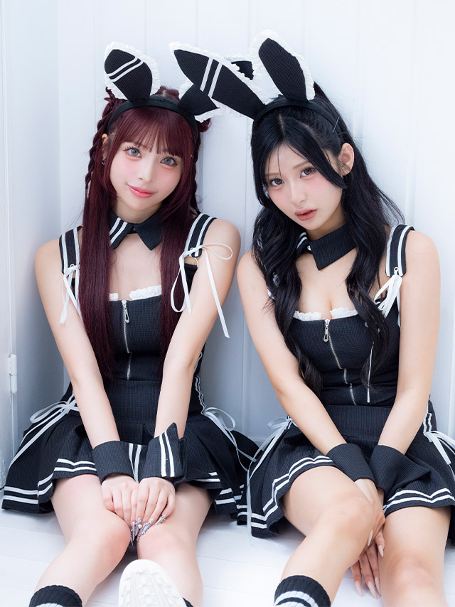 コスプレ バニー 6点set スポーティー プレッピー リボン フロントジップ プリーツ フレアスカート ガーリー アニマル (付け襟/トップス/スカート/カチューシャ/カフス/ソックス)【ハロウィン】[tk-hwjj95103]のイメージ画像4