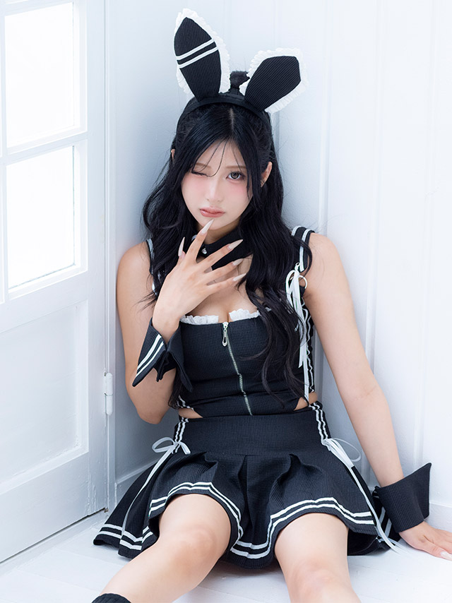 コスプレ バニー 6点set スポーティー プレッピー リボン フロントジップ プリーツ フレアスカート ガーリー アニマル (付け襟/トップス/スカート/カチューシャ/カフス/ソックス)【ハロウィン】[tk-hwjj95103]のイメージ画像5