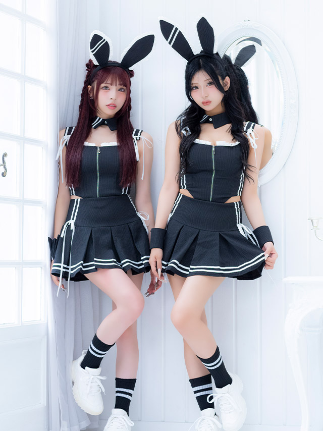 コスプレ バニー 6点set スポーティー プレッピー リボン フロントジップ プリーツ フレアスカート ガーリー アニマル (付け襟/トップス/スカート/カチューシャ/カフス/ソックス)【ハロウィン】[tk-hwjj95103a]のイメージ画像5