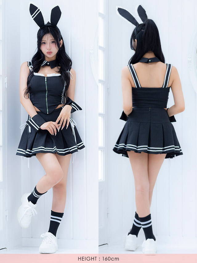 コスプレ バニー 6点set スポーティー プレッピー リボン フロントジップ プリーツ フレアスカート ガーリー アニマル (付け襟/トップス/スカート/カチューシャ/カフス/ソックス)【ハロウィン】[tk-hwjj95103a]のフロントバッグ全身画像