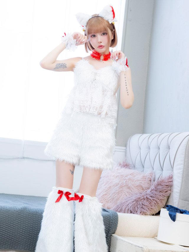 コスプレ 猫 7点set もこもこ レースペプラム ショートパンツ リボン スウィート ガーリー アニマル (チョーカー/ブローチ/トップス/パンツ/カチューシャ/カフス/レッグカバー)【ハロウィン】[tk-hwjj95112]のイメージ画像3