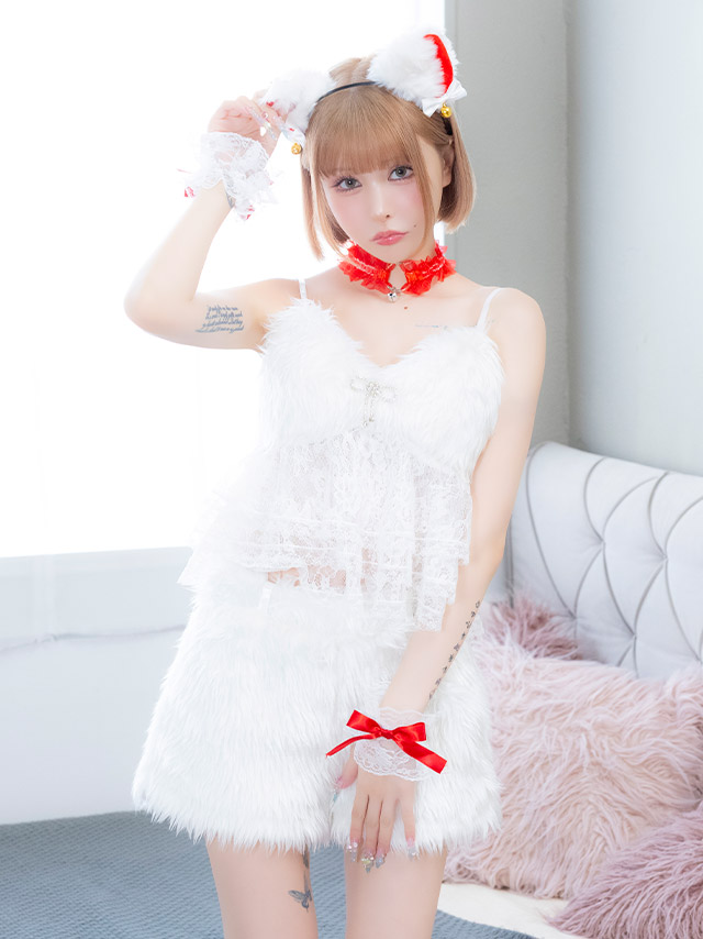 コスプレ 猫 7点set もこもこ レースペプラム ショートパンツ リボン スウィート ガーリー アニマル (チョーカー/ブローチ/トップス/パンツ/カチューシャ/カフス/レッグカバー)【ハロウィン】[tk-hwjj95112]のイメージ画像4