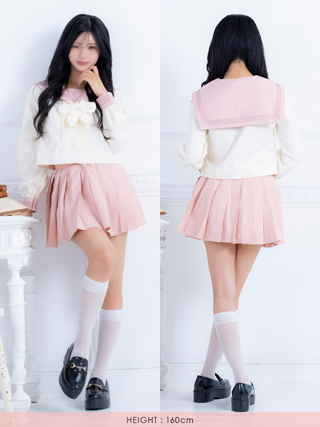 コスプレ 制服 3点set セーラー ミニスカート 学生服 (トップス/スカート/スカーフ)【ハロウィン】[tk-hwjk27001]のアイボリーピンクのフロントバッグ全身画像